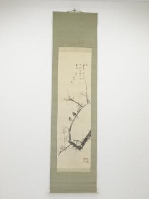 川上孤山筆　梅花鳥図　肉筆絹本掛軸（共箱）